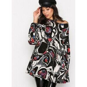 Free People Black Print Drift Away Tunic Swing Dress XS TP Cold Shoulder Flowy‎